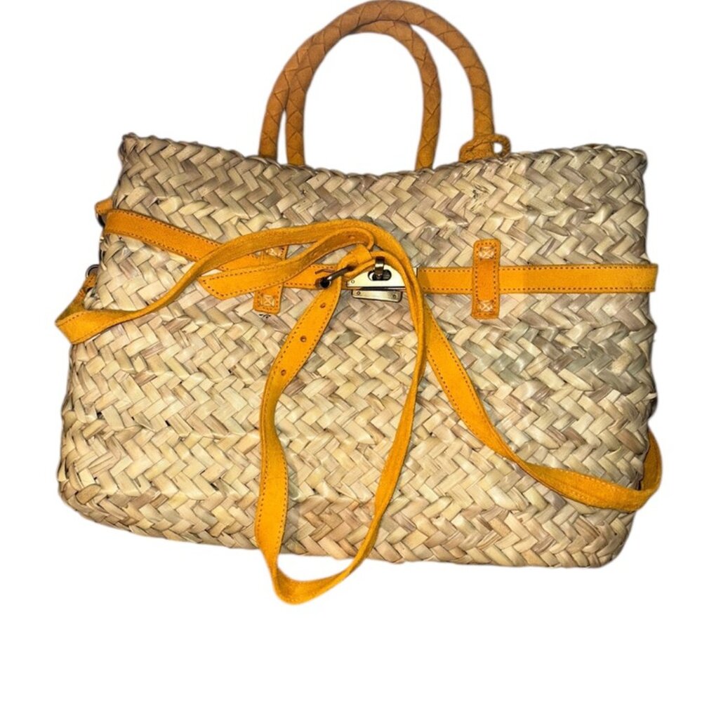 Moroccan Birkin Marrakesh orange suede leather trim straw purse bag NEW 14x11x5